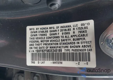 2013 Honda Civic Lx from USA, damaged, VIN 19XFB2F58DE245189